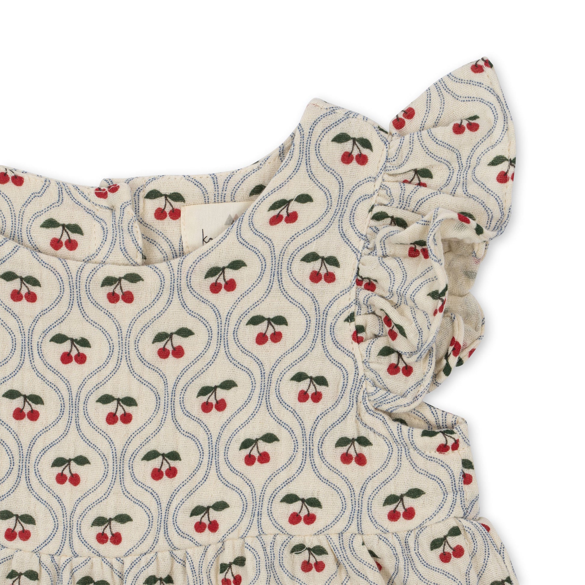 Barboteuse Konges Slojd Coco Frill en mousseline légère, 100% coton biologique, volants décoratifs, boutons ouvrables, tailles 1 mois à 3 ans