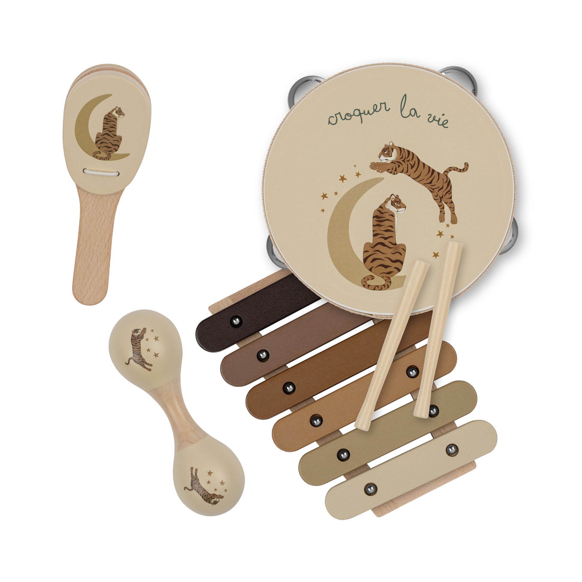 Kit de Musique Konges Slojd avec tambourin, castagnettes, maracas et xylophone. Certifié CE, adapté aux enfants de 3 ans et plus. Livré dans une valise